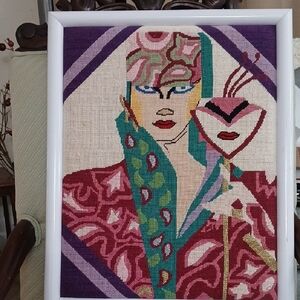 Vintage Art Deco Needle Point  in White Frame